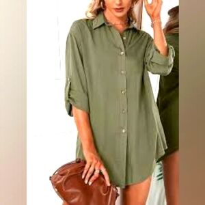 [Hotouch] Olive Button-Down Boyfriend Rolled Sleeve Shirt Women's Medium